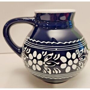 Small Blue & White Hand Painted Signed Pottery Jug w/ Handle‎ Talavera Style